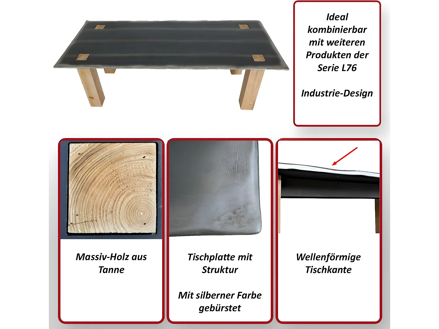 Tavolo pranzo soggiorno design industriale MCW-L76 77x240x100cm legno di abete naturale e nero
