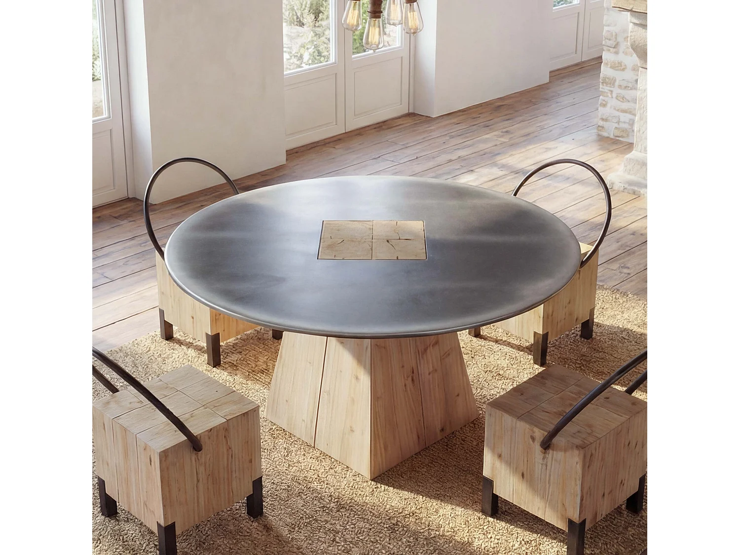 Esstisch MCW-L76, Tisch Esszimmertisch, rund Industrial Massiv-Holz MVG-zertifiziert 74x120cm, natur mit Metall-Optik