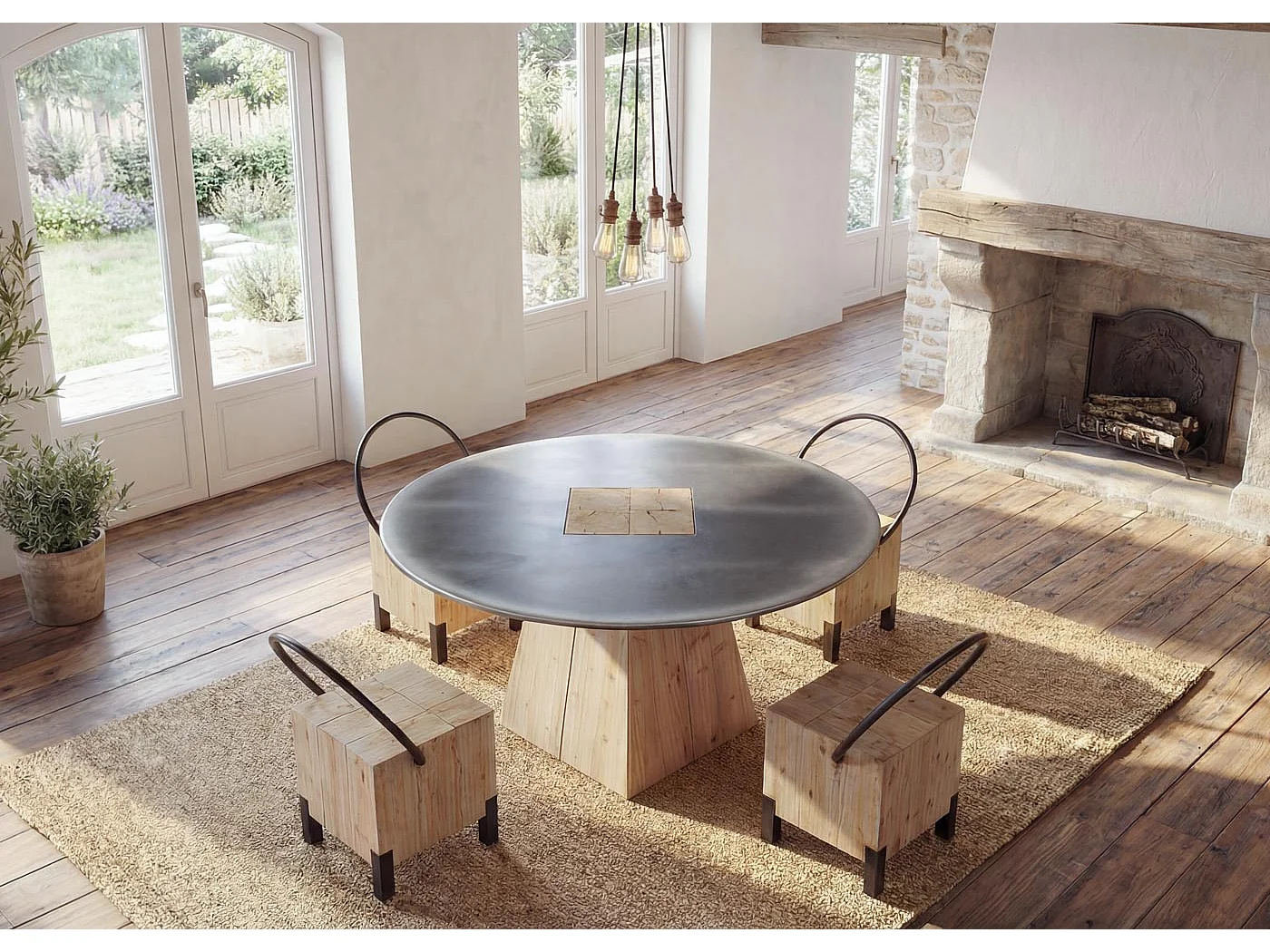 Esstisch MCW-L76, Tisch Esszimmertisch, rund Industrial Massiv-Holz MVG-zertifiziert 74x120cm, natur mit Metall-Optik
