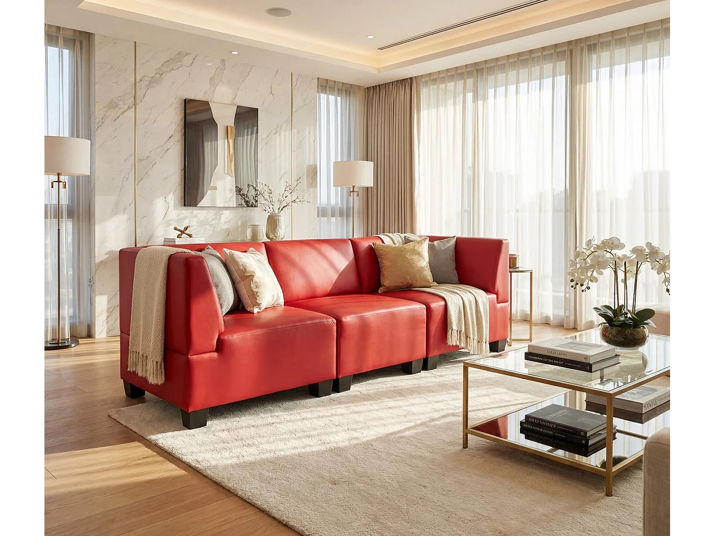 Salotto modulare componibile lounge moderno Lione N71 ecopelle divano 3 ~ posti alto rosso