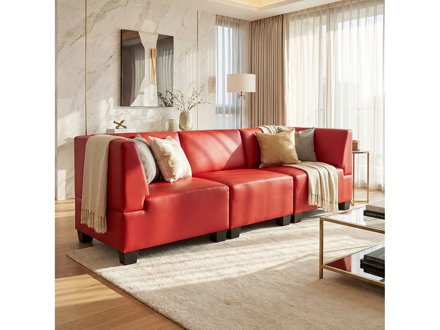 Moncalieri modular 3-seater sofa,  red, high armrests