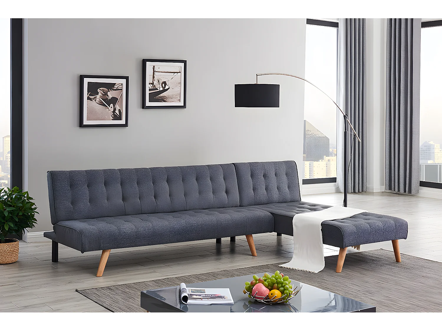 Divano letto angolare con penisola sofà reclinabile MCW-K38 legno tessuto grigio scuro