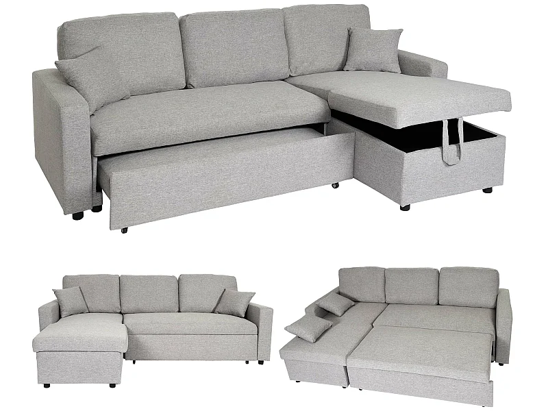 Divano letto angolare contenitore con penisola sofà reclinabile MCW-L17 legno tessuto grigio