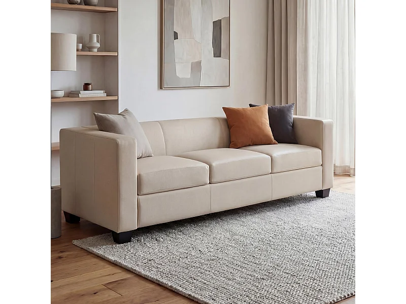 Sofa 3-osobowa Lille,  skóra, kremowa