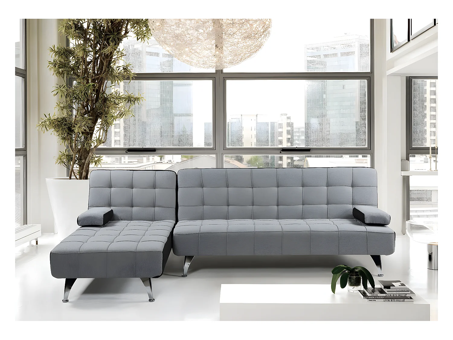 Sofa rozkładana MCW-K22,  tkanina/tekstylia jasnoszary, czarny