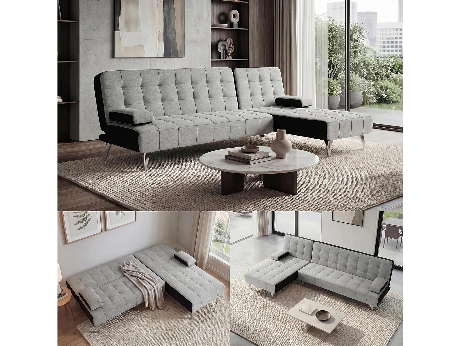 Rozkładana sofa MCW-K22,  tkanina/materiał jasnoszary, czarny