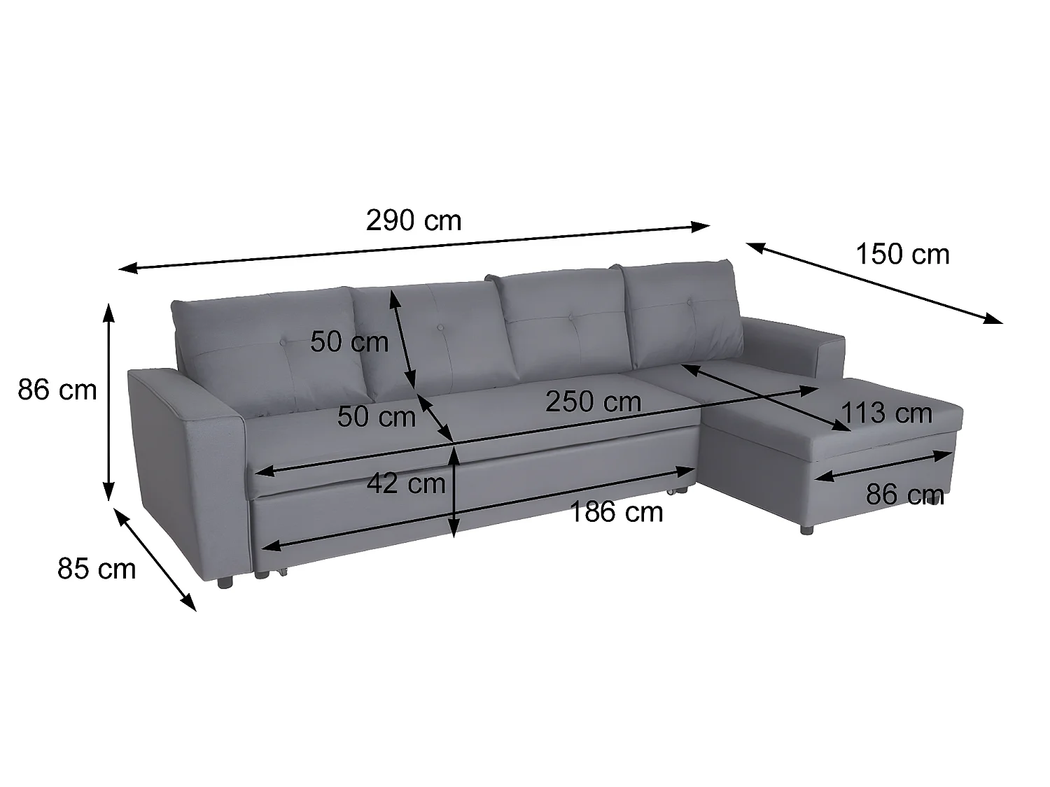 Ecksofa mit Bettkasten MCW-L16, Dunkelgrau