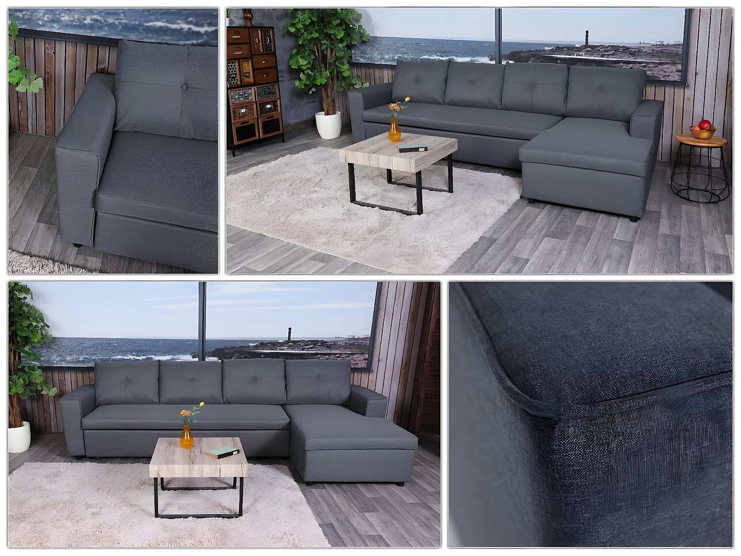 Ecksofa mit Bettkasten MCW-L16, Dunkelgrau