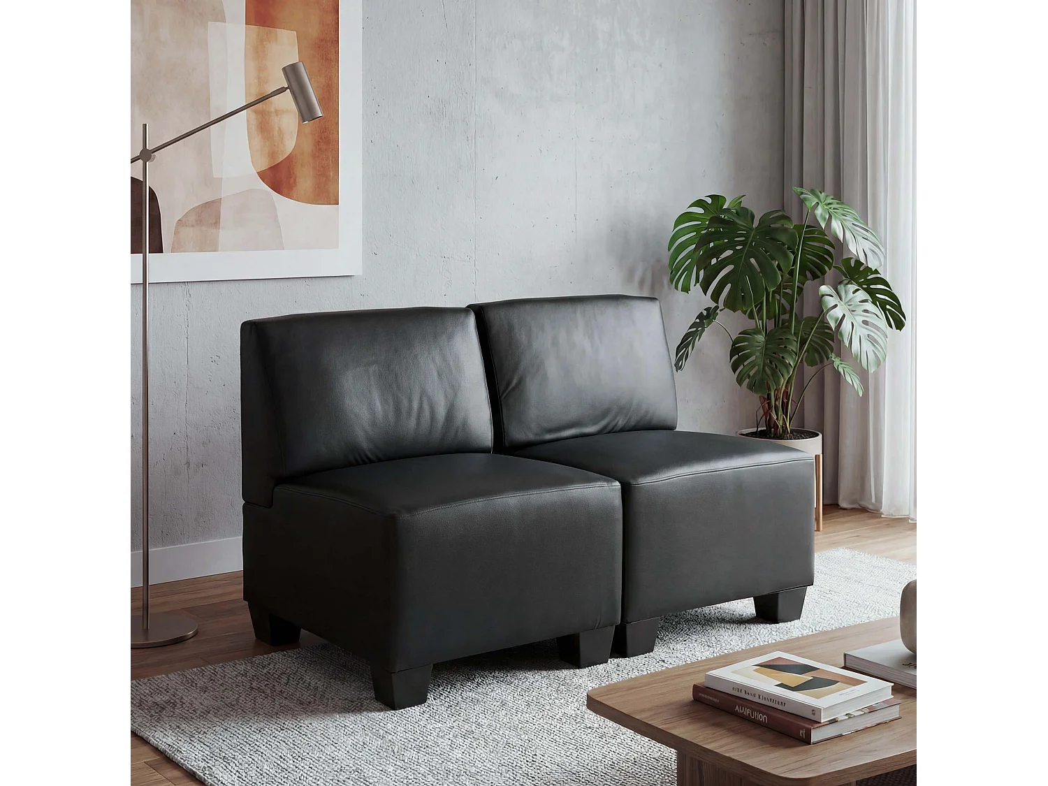 Salotto modulare componibile lounge moderno Lione N71 ecopelle ~ divano 2 posti senza braccioli nero