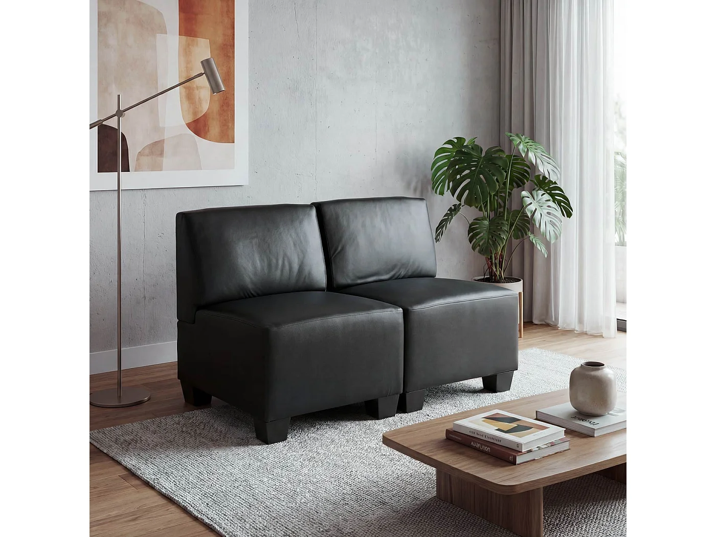 Salotto modulare componibile lounge moderno Lione N71 ecopelle ~ divano 2 posti senza braccioli nero