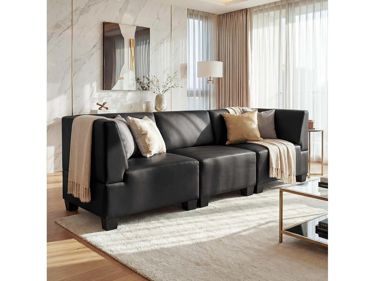 Modułowa sofa 3-osobowa Moncalieri,  czarna, wysokie podłokietniki