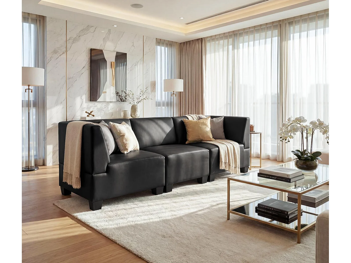 Modułowa sofa 3-osobowa Moncalieri,  czarna, wysokie podłokietniki