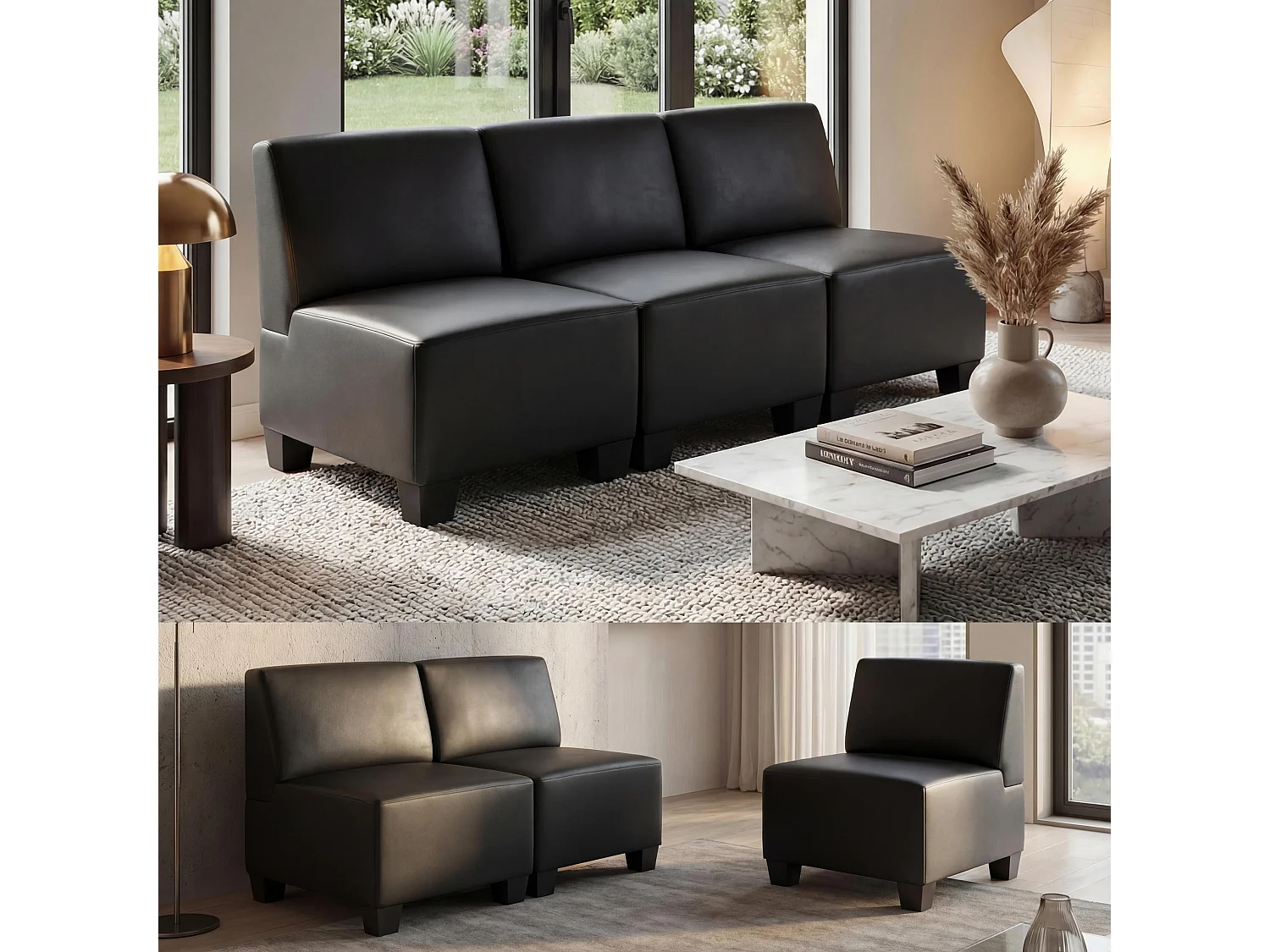 Canapé 3 places Moncalieri,  noir, sans accoudoirs