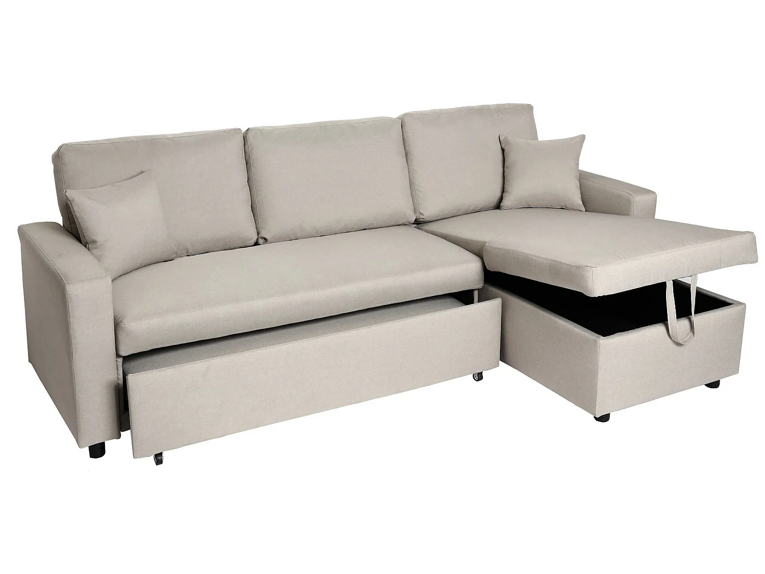 Divano letto angolare contenitore con penisola sofà reclinabile MCW-L17 legno tessuto beige