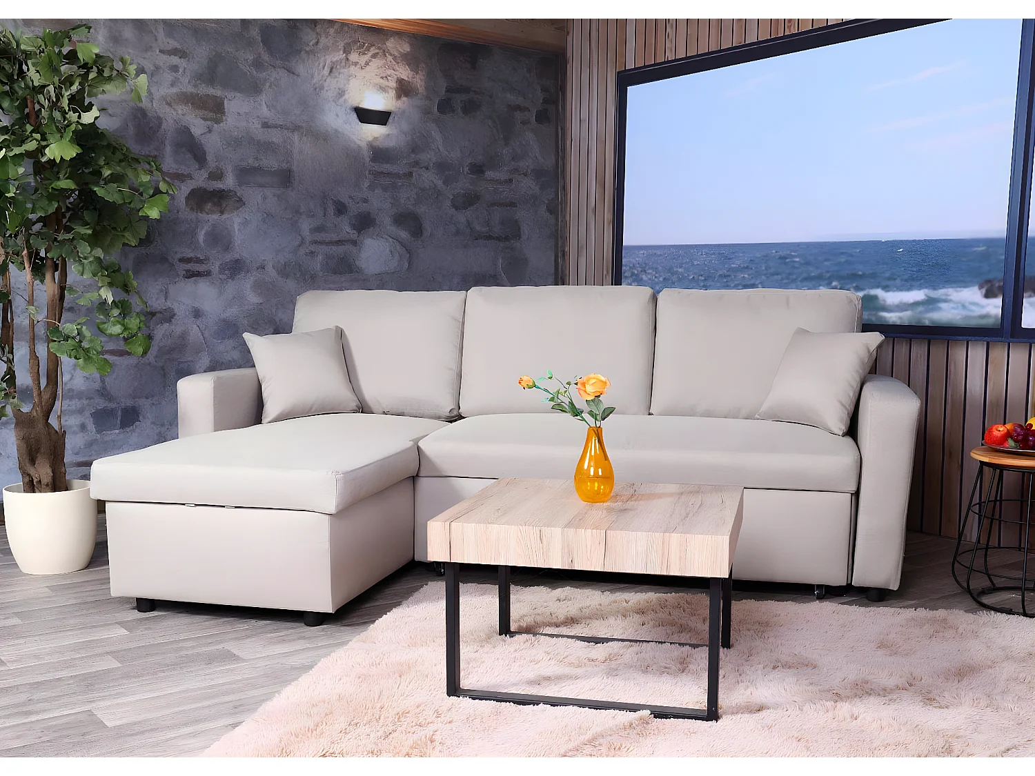 Divano letto angolare contenitore con penisola sofà reclinabile MCW-L17 legno tessuto beige