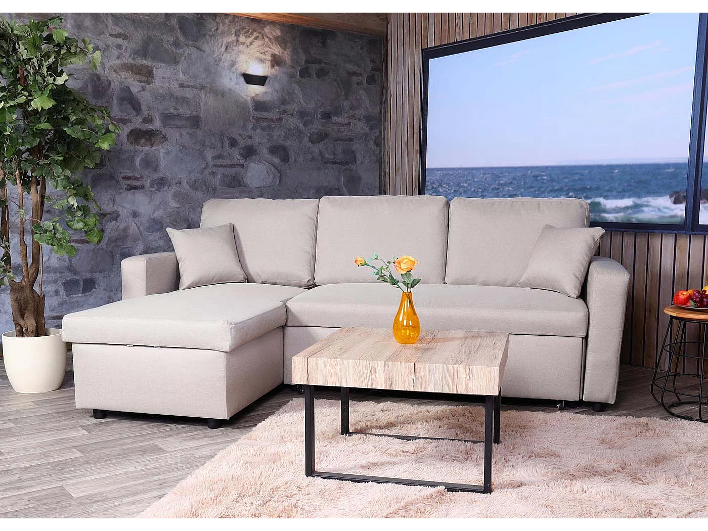 Hoekbank met bedbak MCW-L17,  beige