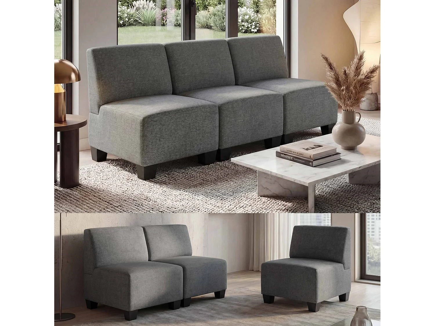 Modulaire 3-zitsbank Moncalieri,  grijs, zonder armleuningen