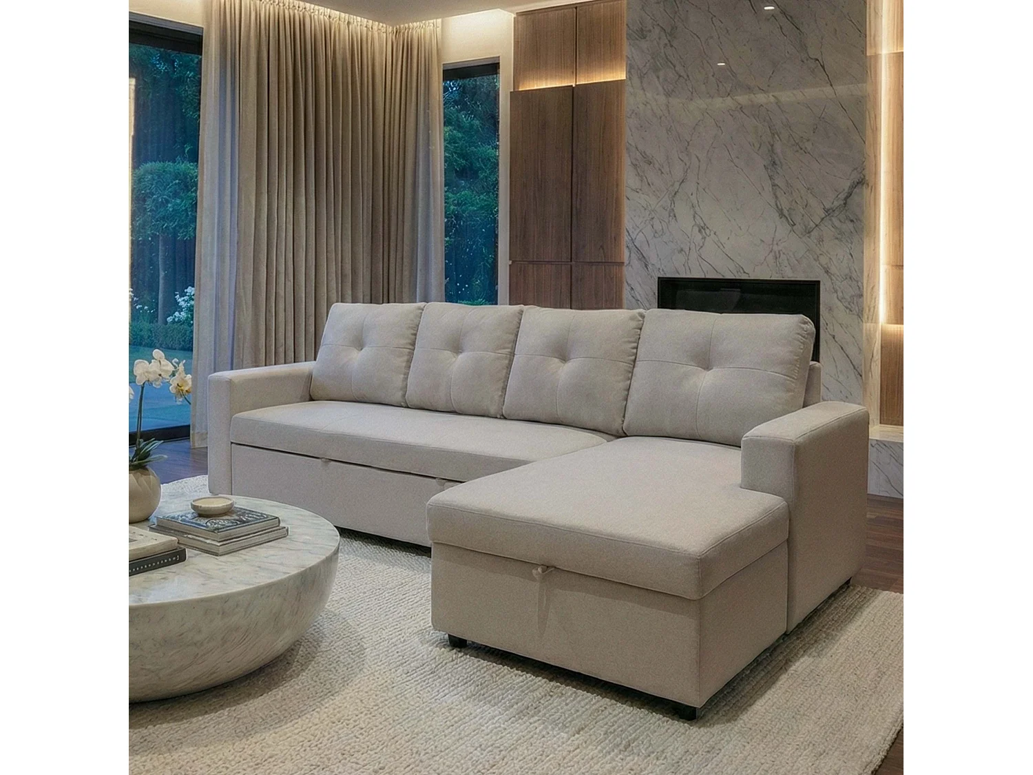 Divano letto angolare con penisola sofà reclinabile MCW-L16 molle nosag tessuto beige