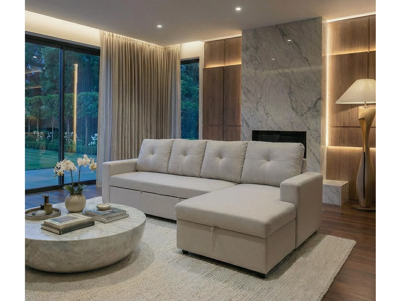 Divano letto angolare con penisola sofà reclinabile MCW-L16 molle nosag tessuto beige