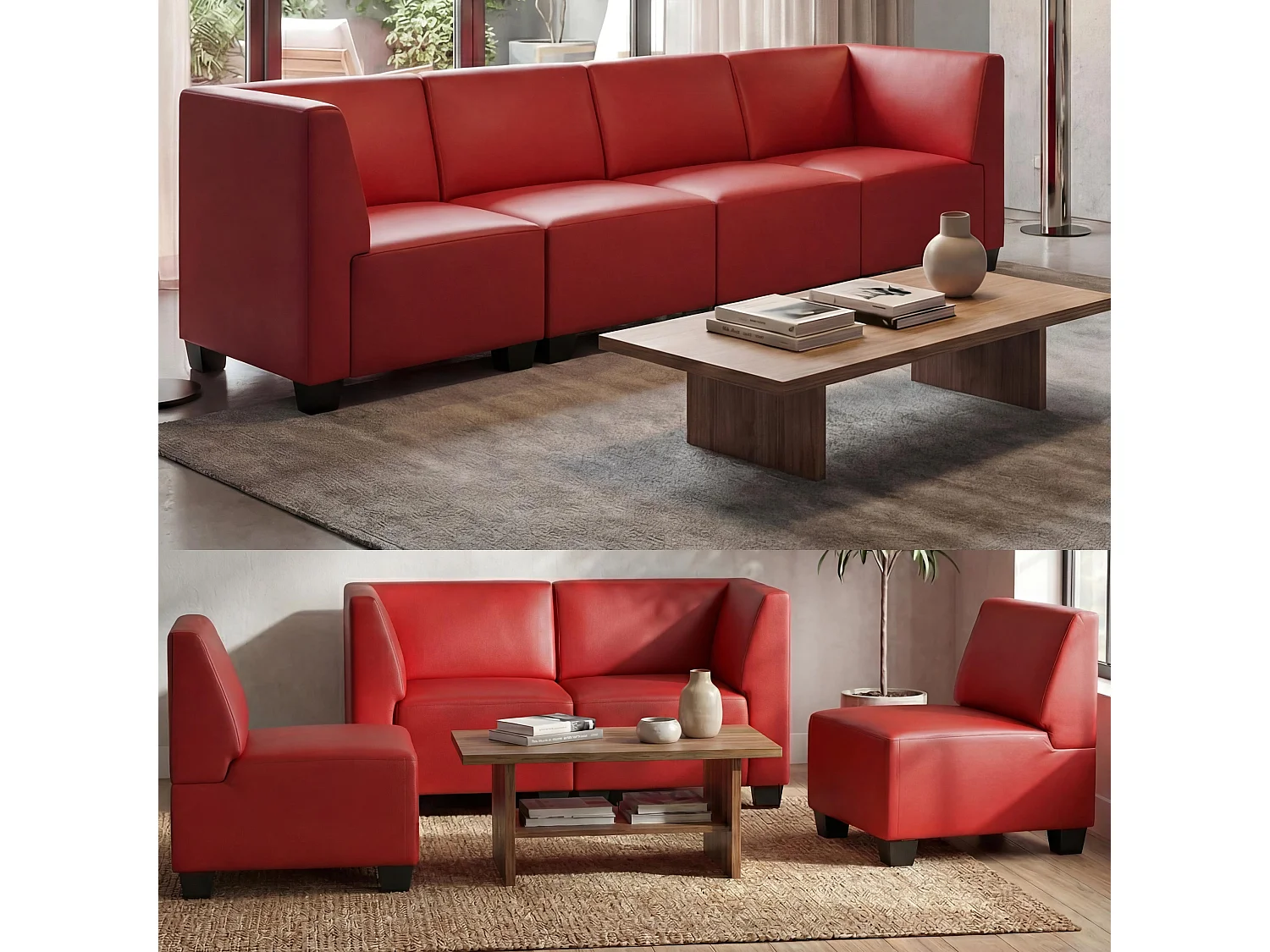 Salotto modulare componibile lounge moderno Lione N71 ecopelle divano 4 posti alto rosso