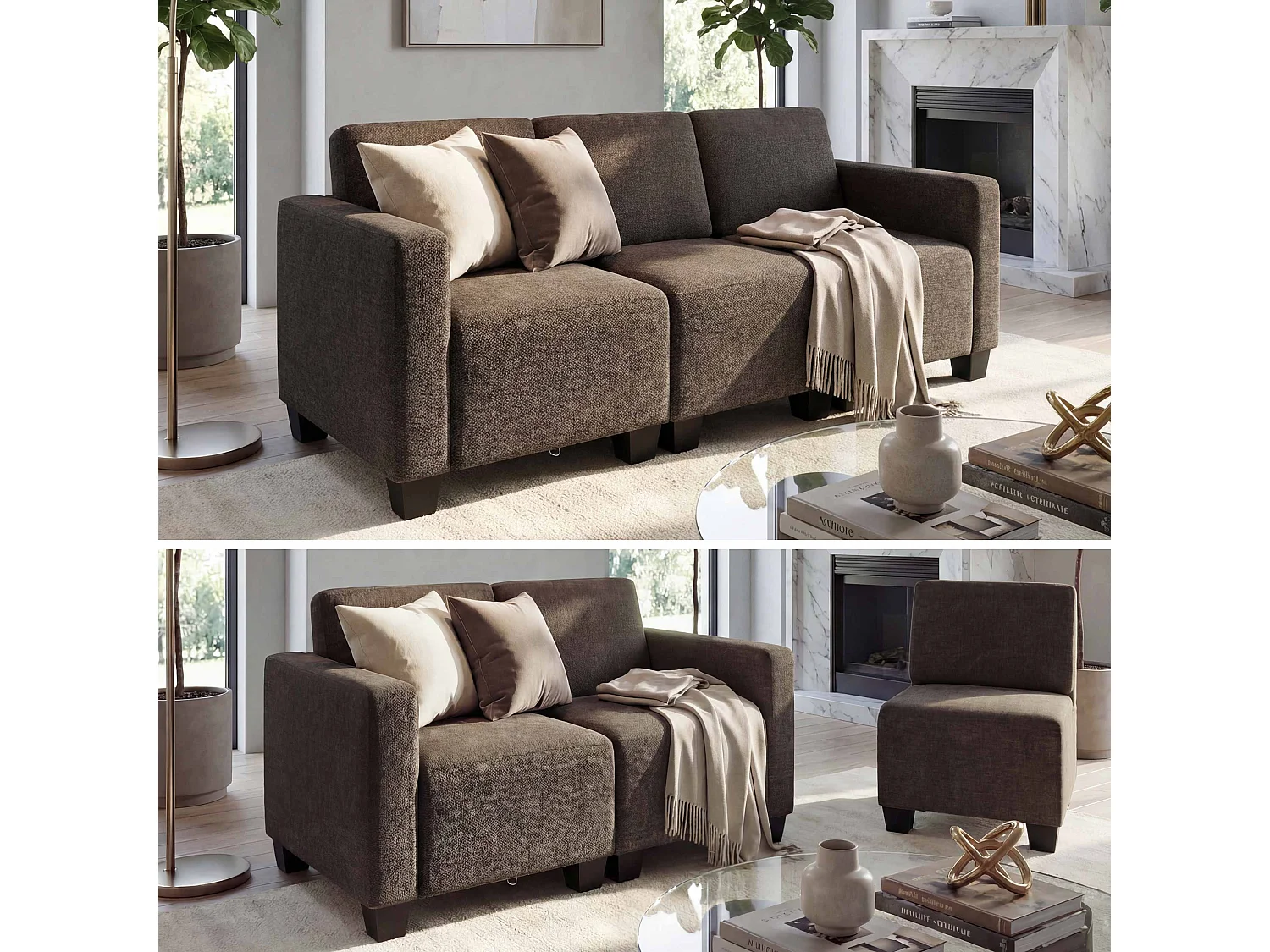 Modułowa sofa 3-osobowa Moncalieri,  brązowa