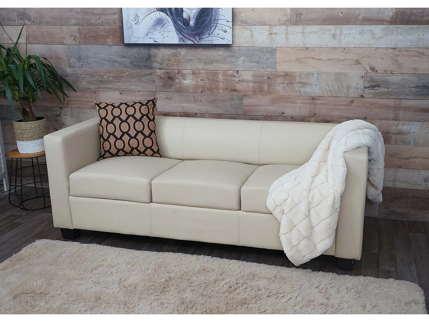 Sofa 3-osobowa Lille,  sztuczna skóra, kremowa