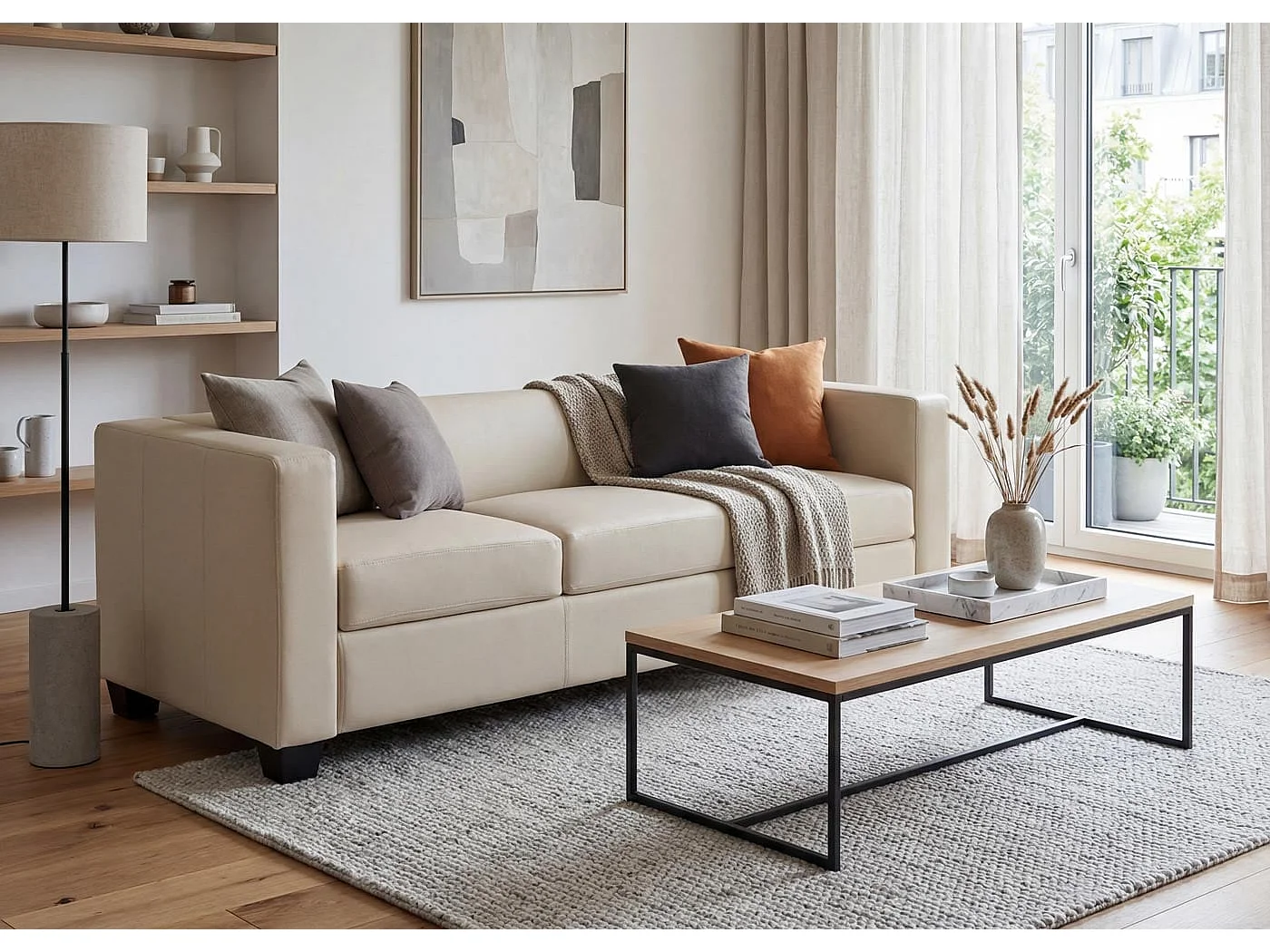 Sofa 3-osobowa Lille,  sztuczna skóra, kremowa