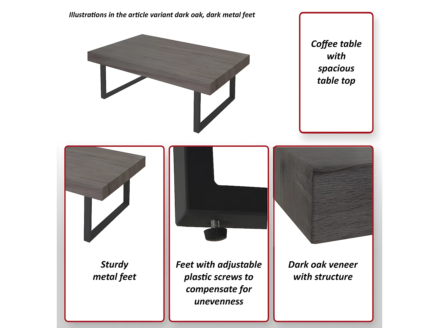 Table basse Genk T576,  sonoma noir, pieds métalliques foncés