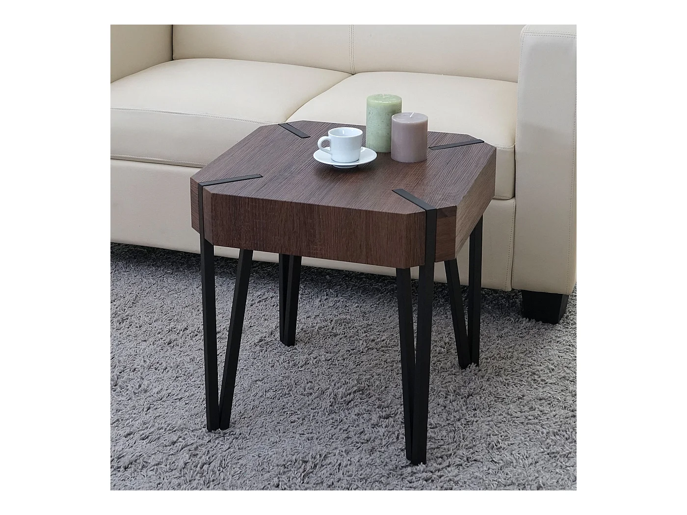 Table basse Genk T574,  chêne marron, pieds métalliques