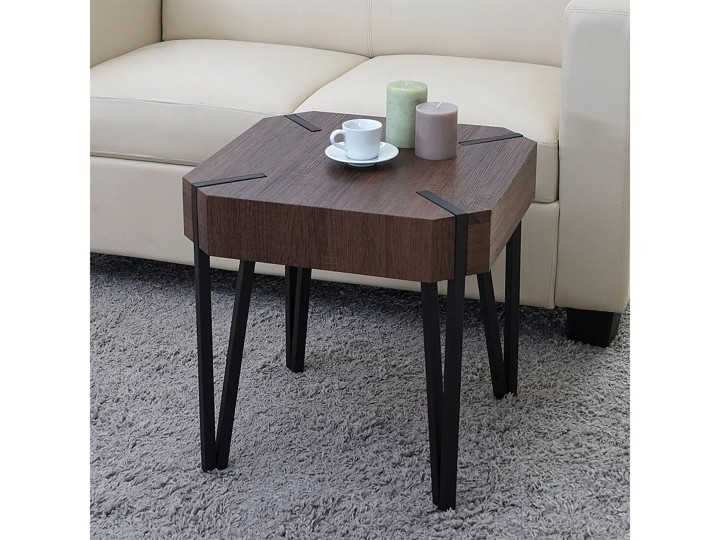 Table basse Genk T574,  chêne marron, pieds métalliques