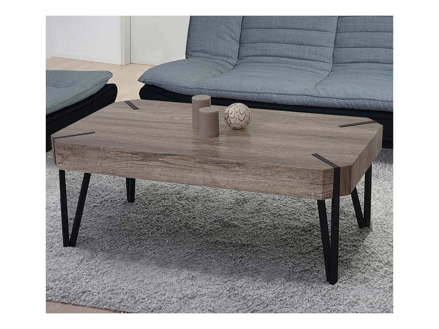 Table basse Genk T573,  chêne sauvage, pieds métalliques foncés