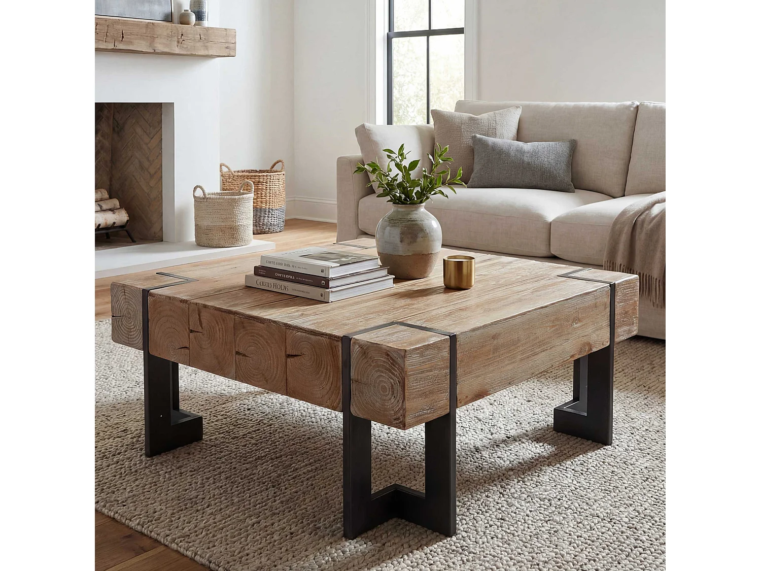 Tavolino salotto quadrato divano elegante MCW-A15 legno di pino massello 40x60x60cm metallo legno chiaro