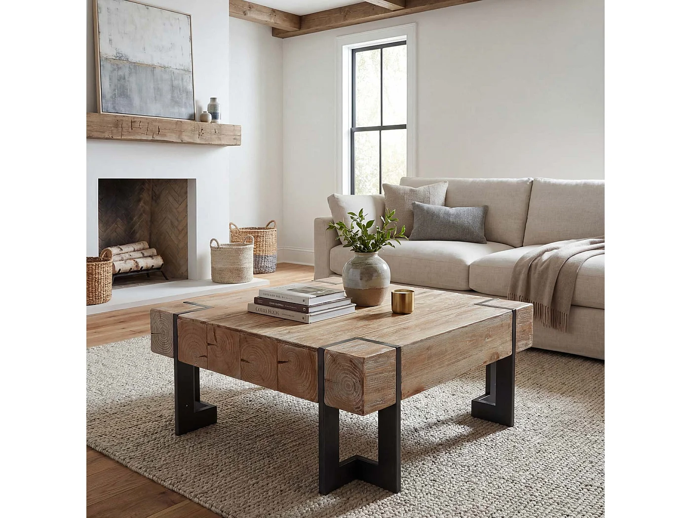 Tavolino salotto quadrato divano elegante MCW-A15 legno di pino massello 40x60x60cm metallo legno chiaro