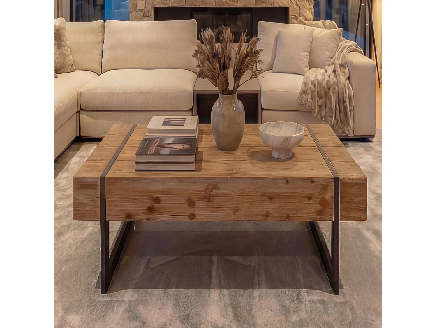 Table basse MCW-A15a, Table basse de salon MCW-A15, sapin massif rustique 40x120x60cm