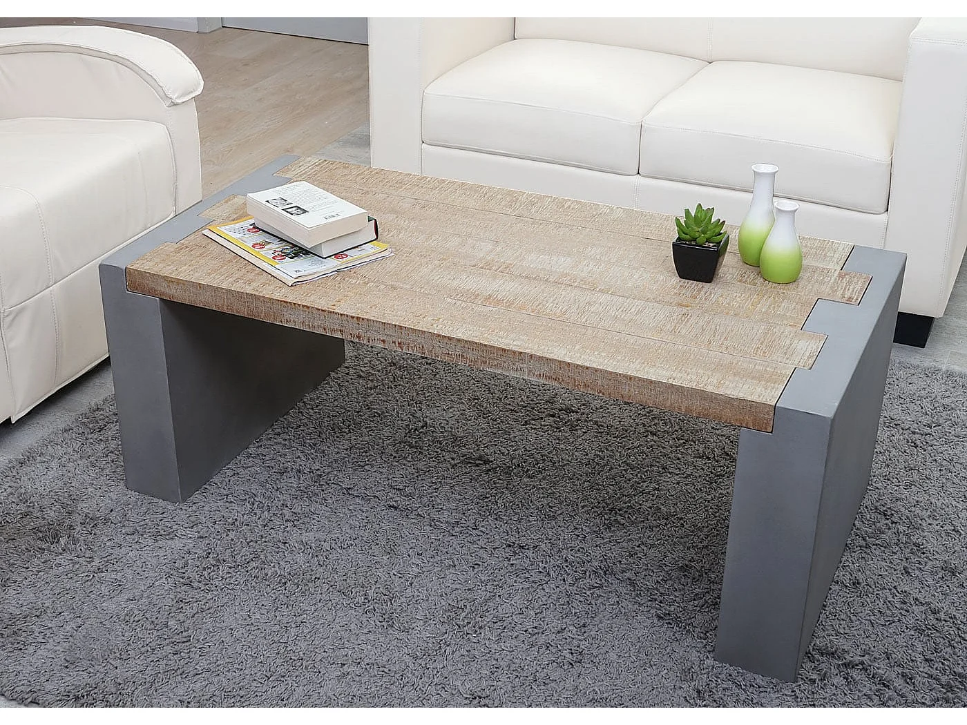 Couchtisch MCW-A15, Wohnzimmertisch, Beton-Optik Tanne Holz rustikal massiv MVG-zertifiziert 46x122x60cm