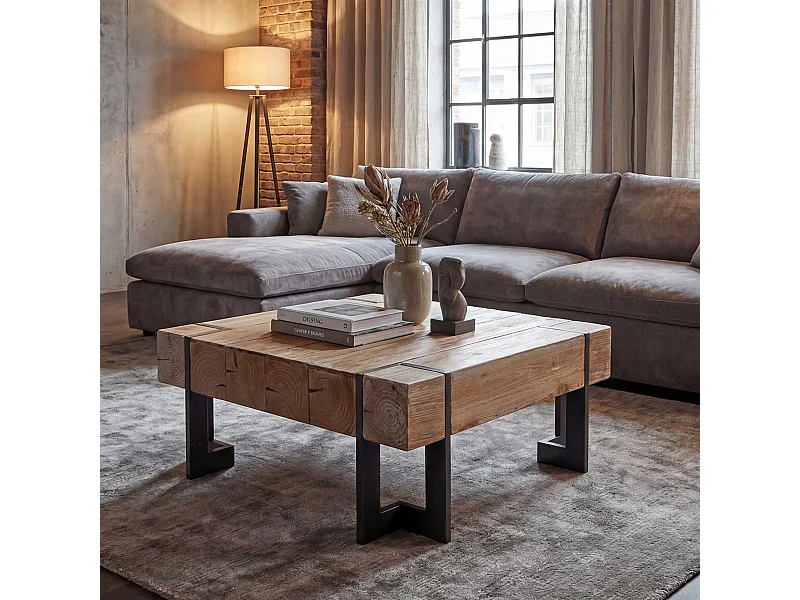 Tavolino salotto quadrato divano elegante MCW-A15 legno di pino massello 40x70x70cm metallo legno chiaro