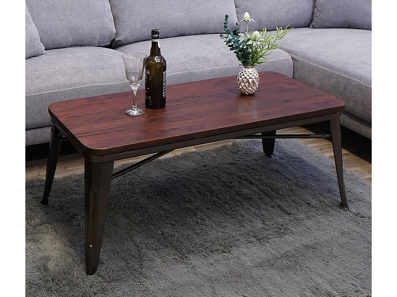 Tavolino lounge salotto industriale MCW-H10 acciaio verniciato legno di olmo marrone