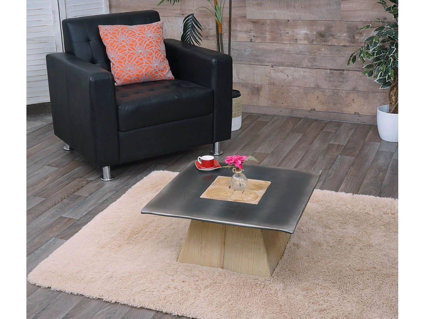 Tavolino tavolo salotto divano design industriale MCW-L76 28x60x60cm legno di abete naturale e nero