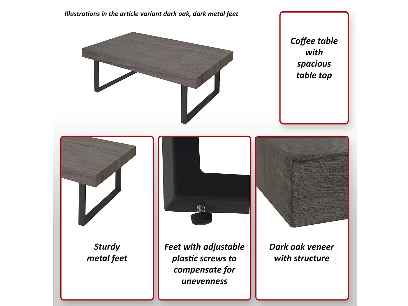 Table basse Genk T576,  chêne foncé, pieds métalliques