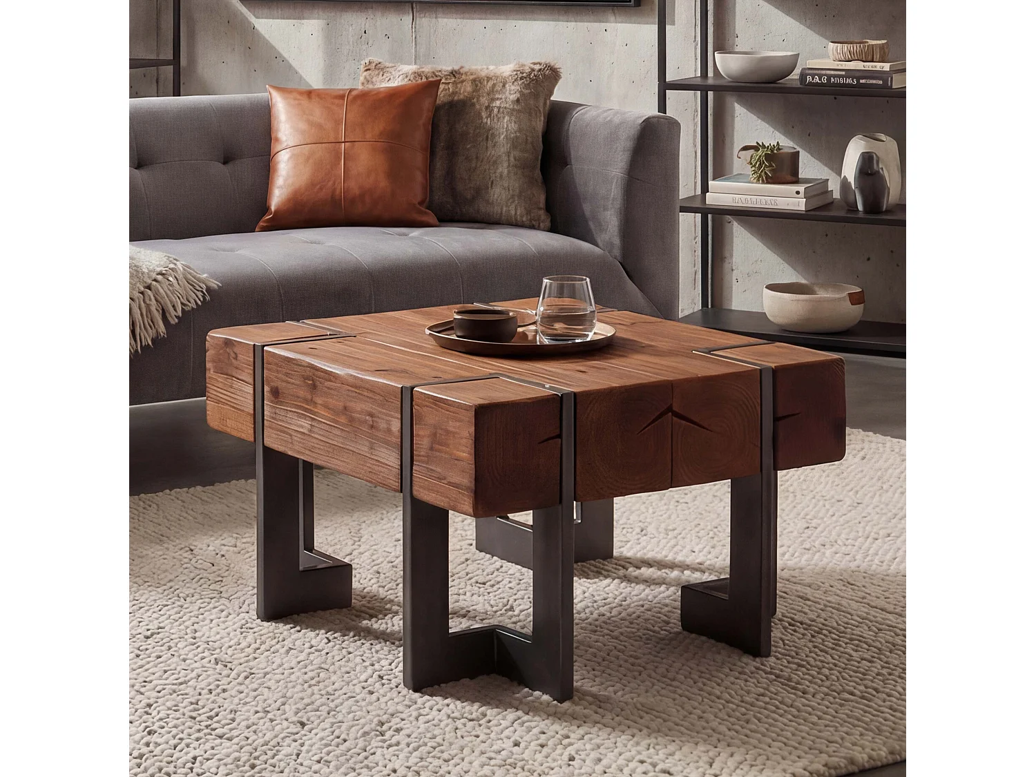 Tavolino salotto quadrato divano elegante MCW-A15 legno di pino massello 40x60x60cm metallo legno scuro
