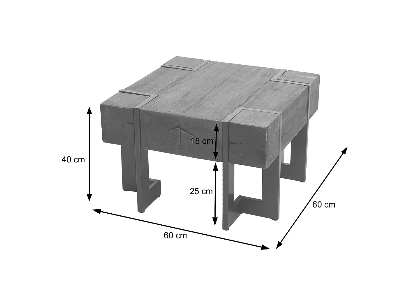 Tavolino salotto quadrato divano elegante MCW-A15 legno di pino massello 40x60x60cm metallo legno scuro