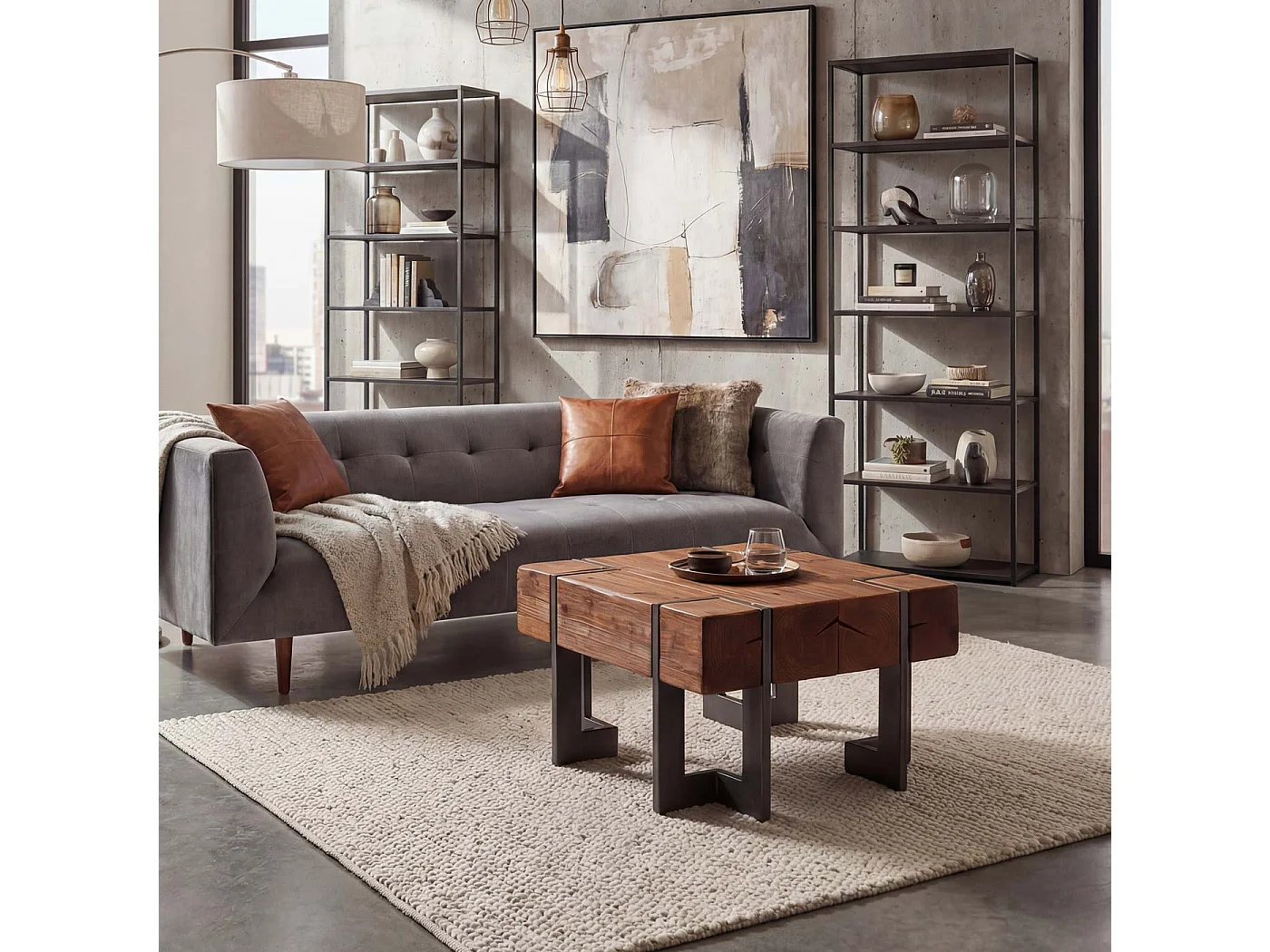 Tavolino salotto quadrato divano elegante MCW-A15 legno di pino massello 40x60x60cm metallo legno scuro