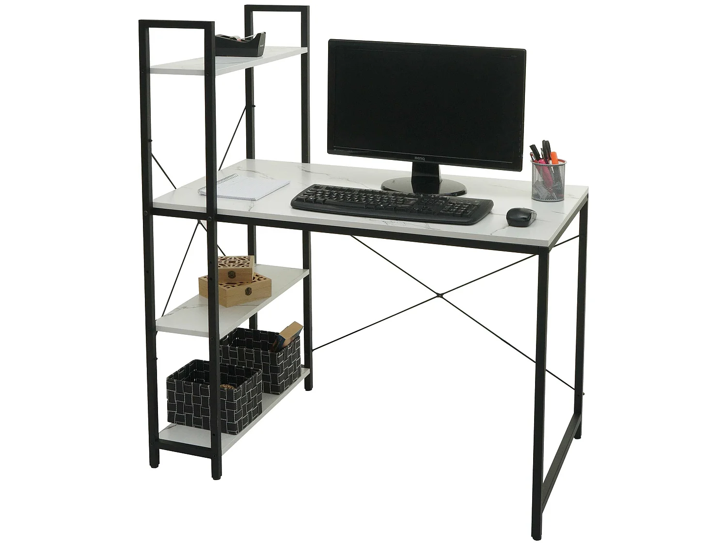 Scrivania pc laptop tavolino ripiani regolabili MCW-K81 120x100x60cm ferro MDF bianco effetto marmo