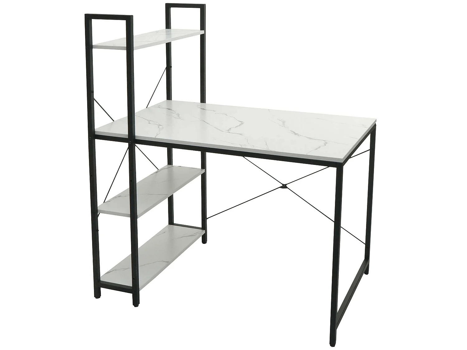 Scrivania pc laptop tavolino ripiani regolabili MCW-K81 120x100x60cm ferro MDF bianco effetto marmo