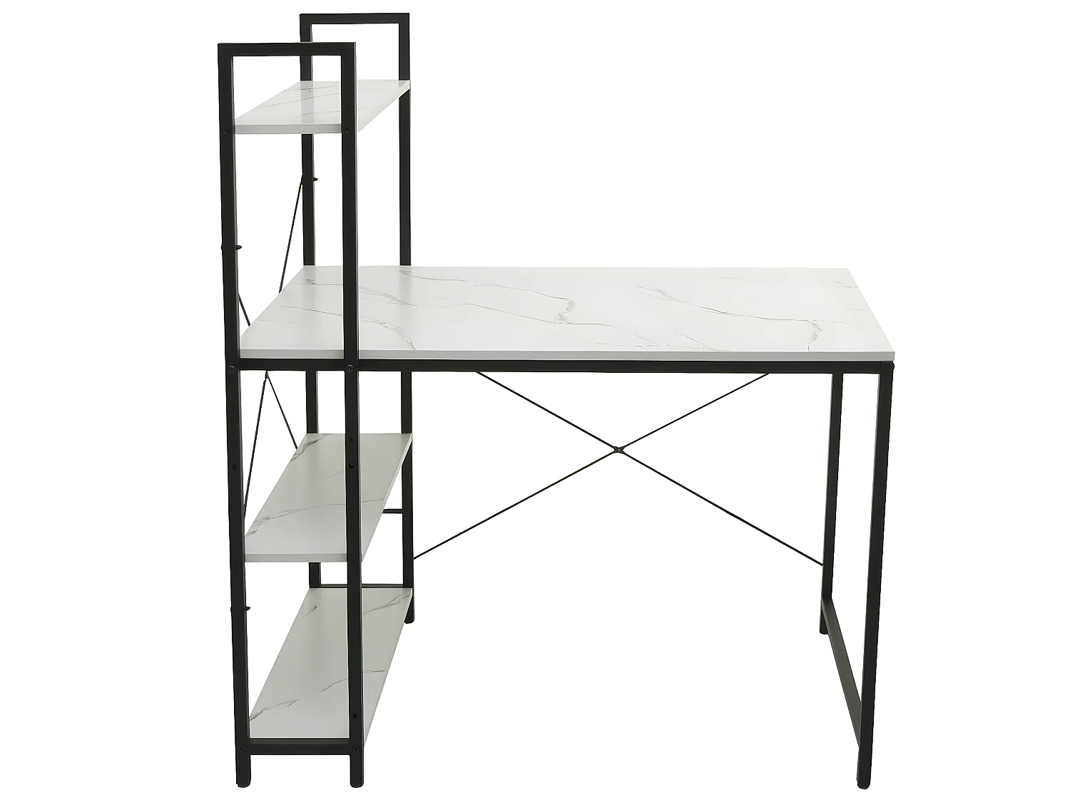 Scrivania pc laptop tavolino ripiani regolabili MCW-K81 120x100x60cm ferro MDF bianco effetto marmo