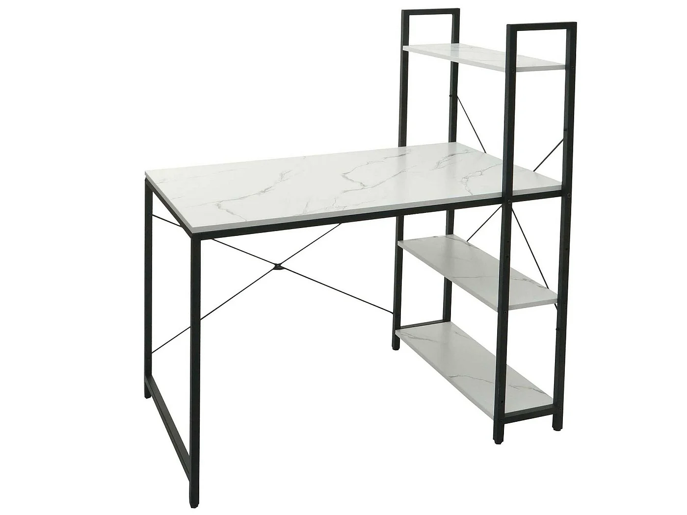 Scrivania pc laptop tavolino ripiani regolabili MCW-K81 120x100x60cm ferro MDF bianco effetto marmo