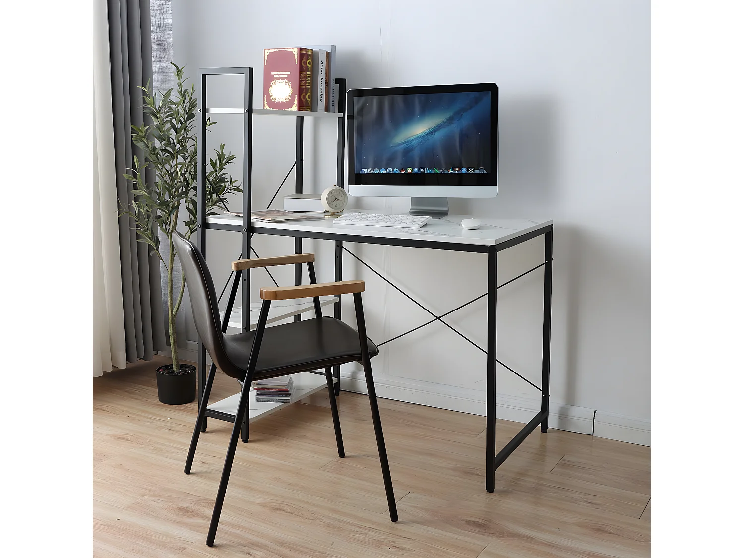 Scrivania pc laptop tavolino ripiani regolabili MCW-K81 120x100x60cm ferro MDF bianco effetto marmo