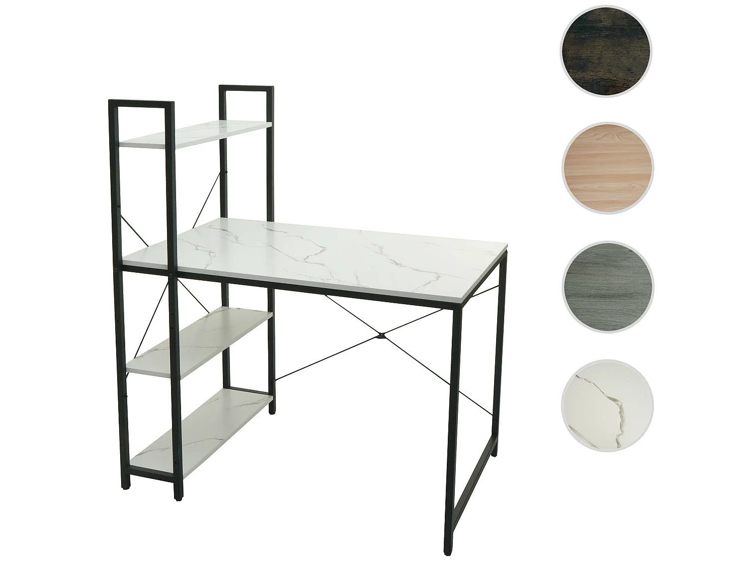 Scrivania pc laptop tavolino ripiani regolabili MCW-K81 120x100x60cm ferro MDF bianco effetto marmo