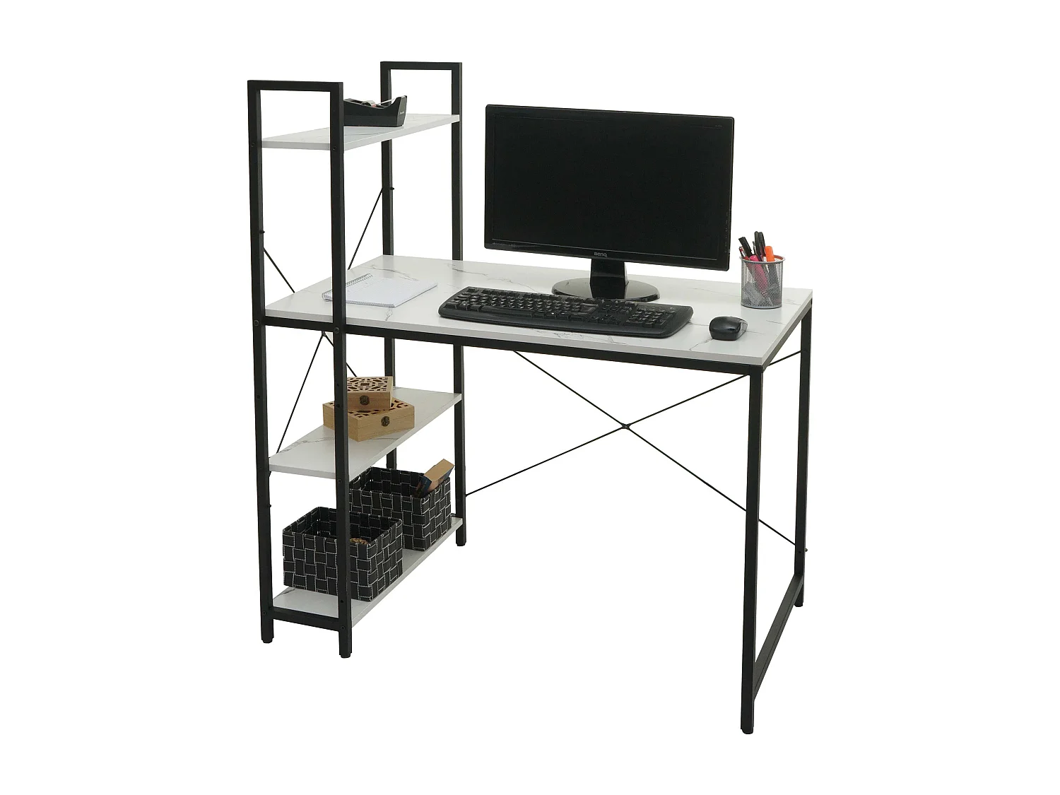 Schreibtisch mit Regal MCW-K81, Marmor-Optik weiß