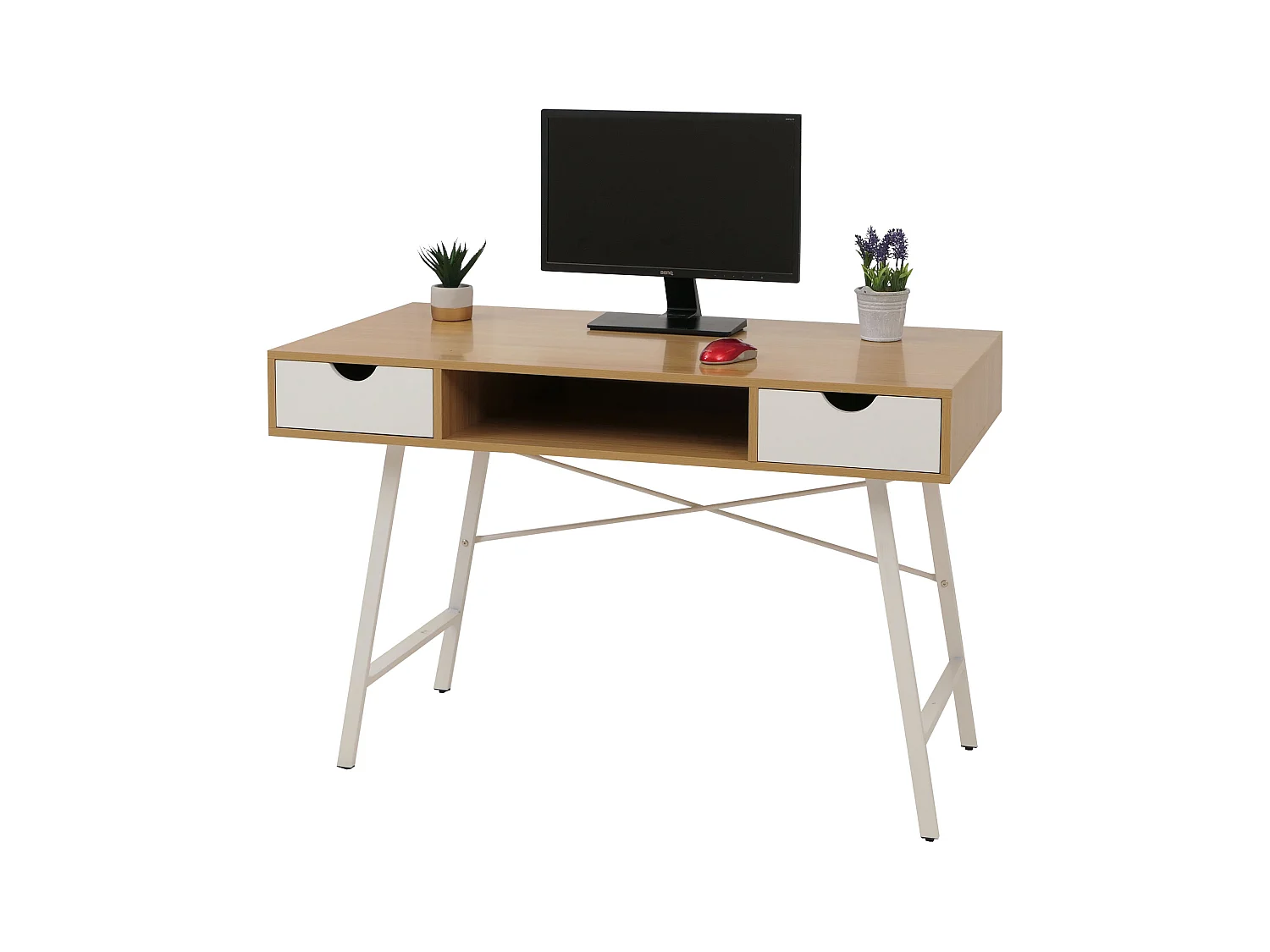 Bureau MCW-E92, Bureau MCW-E92, table d'ordinateur, structure 3D 120x60cm brun naturel, blanc